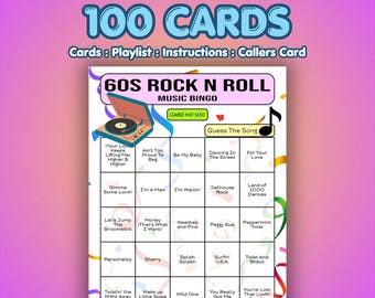 60s Music Bingo Cards – 1960s Rock N Roll | 100 Cards | 60th Birthday Game | Guess the Song |