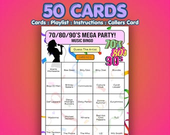 Tarjetas de Bingo Musical de los 70, 80 y 90 – Mega Fiesta de las Décadas / 50 Tarjetas / Juego para Despedida de Soltera / Adivina el Artista /