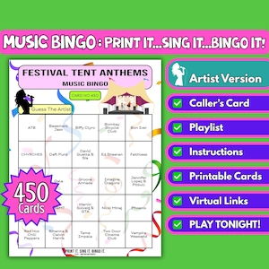 Himnos de carpa para festivales de 450 tarjetas / Bingo musical para bodas, fiestas de verano y noches de entretenimiento / Formato de artista / Descarga instantánea