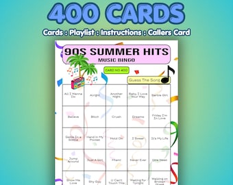 90s Music Bingo Cards – 1990s Summer Hits | 400 Cards | Summer BBQ Game | Name That Song