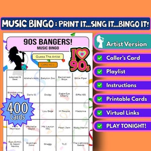 400-card 90s Bangers music bingo cards | Artist format |  1990s Spotify playlist party game | Instant download for festivals, group parties!