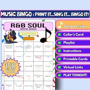 150 Card R&B Soul Music Bingo Game - Guess The Song Printable Party Game