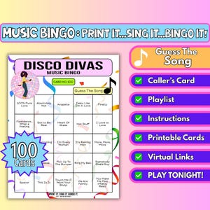 100 Card Disco Divas Music Bingo, Iconic Female Vocals, 70s Retro Music – Bingo night game, Partygame | Guess the Song | Instant Download
