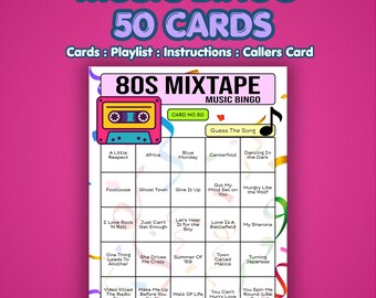 Music Bingo Cards - 80s Mixtape (1980s Hit Songs) | Guess the Song | Spotify Playlist Included | 50 Cards