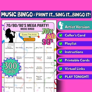 300 cartelas de bingo com música para festa dos anos 70/80/90 | Formato do artista | Jogo de festa para impressão em família | Download instantâneo | Jogo de bingo virtual | Décadas