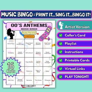 Bingo musical avec hymnes des années 2000, 16 cartes | Format d'artiste | à imprimer pour les soirées entre filles, les enterrements de vie de jeune fille et les divertissements en petit groupe | Téléchargement instantané de fichiers PDF