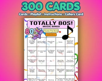 300-Card Totally 80s Music Bingo | Song Format | Printable Party Game | Instant Download | Hen Party, Zoom Game, Girls Night | 80s Pop Hits