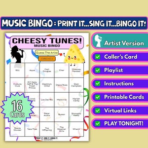 16-Karten-Cheesy Tunes Musik Bingo | Künstler-Format | Party Spiel zum Ausdrucken | Sofortdownload | Junggesellinnenabschied, Zoom-Spiel, Mädelsabend | Pop Hymnen
