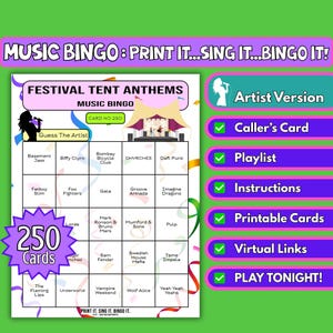 250-Card Festival Tent Anthems | Music Bingo for Glasto Parties, Wedding Receptions, Corporate Events | Artist Format | Instant Download PDF