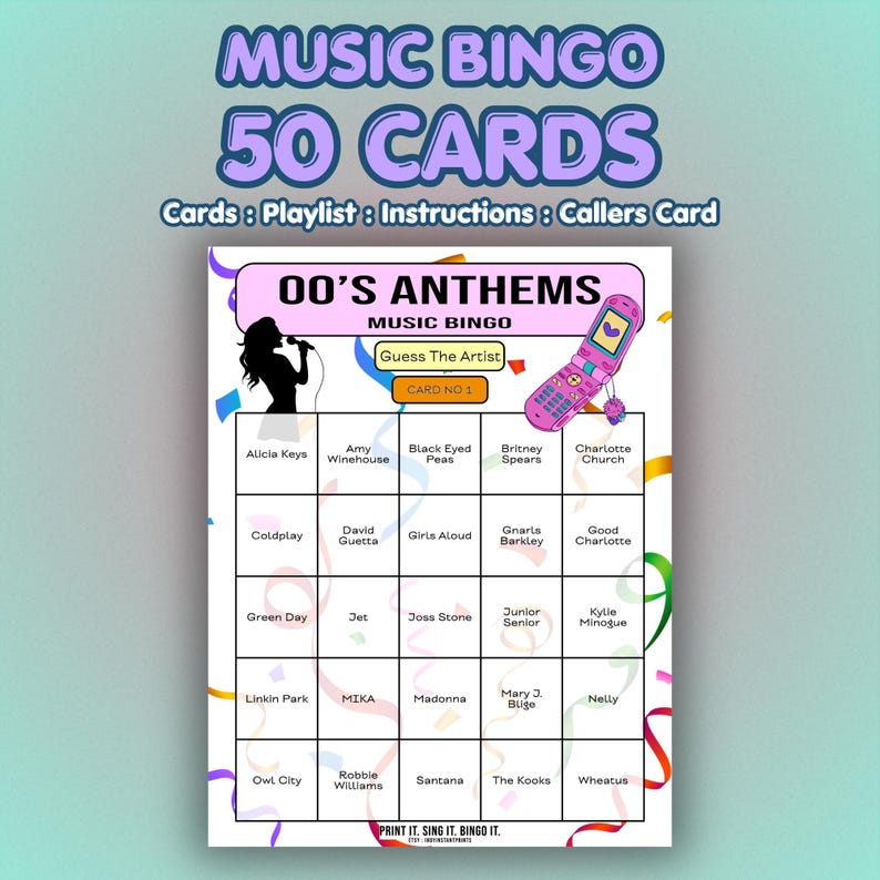 Juego de Bingo Musical de los 2000 – Himnos de los 00 / 50 Cartones / Bingo de Cumpleaños / Quiz de Trivia Musical imagen 1