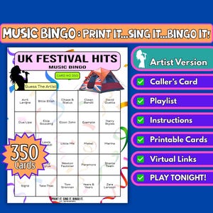 Cartelle da bingo con 350 carte dei successi musicali dei festival del Regno Unito / Gioco stampabile per tendoni di festival, serate di beneficenza, quiz al pub / Download immediato / Formato artista
