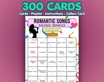 Romantic Songs Music Bingo | 300 Cards | Bar Night Game | Music Trivia Quiz