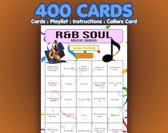 RnB Music Bingo Cards – R&B Soul | 400 Cards | Holiday Camp Game | Guess the Song