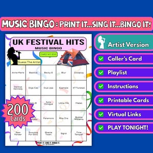 Cartelle da bingo con 200 successi musicali del festival del Regno Unito / Gioco stampabile per tendoni di festival, serate di beneficenza e quiz al pub / Formato artista con download immediato