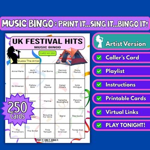 Cartelle da bingo con 250 successi musicali del festival del Regno Unito / Gioco stampabile per tendoni di festival, serate di beneficenza, quiz al pub / Download immediato / Formato artista