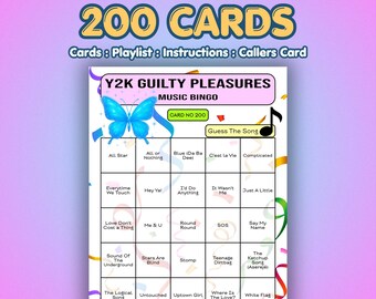Tarjetas de bingo musical "Placeres culpables del año 2000" / 200 tarjetas / Juego para noche de chicas / Juego de preguntas sobre canciones / Lista de reproducción de Spotify incluida