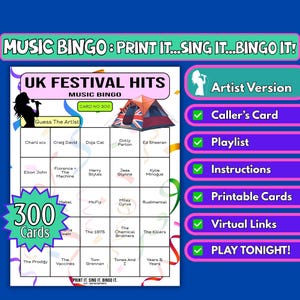 Cartelle da bingo con 300 successi musicali del festival del Regno Unito / Gioco stampabile per tendoni di festival, serate di beneficenza, quiz al pub / Download immediato / Formato artista