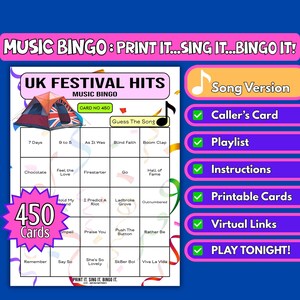450 cartelle di bingo musicale con successi del festival del Regno Unito / Gioco stampabile per tendoni di festival, serate di beneficenza e quiz al pub / Download immediato / Formato canzoni