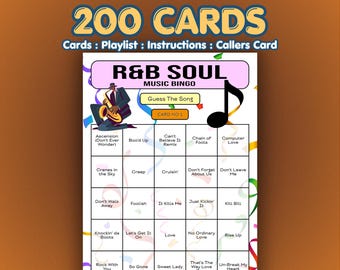 RnB Music Bingo Cards – R&B Soul | 200 Cards | Office Party Game | Name That Song |