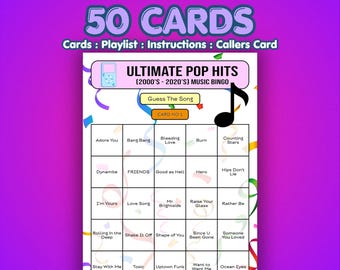Pop Hits Music Bingo Cards | 50 Cards | Dinner Party Game | Song Quiz