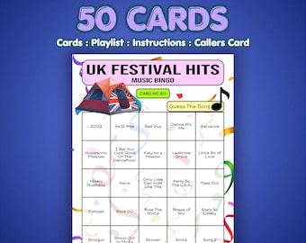 Bingo de éxitos musicales de festivales del Reino Unido / 50 tarjetas / Juego para noche de chicas / Adivina la canción