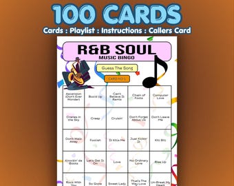 RnB Music Bingo Cards – R&B Soul | 100 Cards | Dinner Party Game | Song Quiz Game |