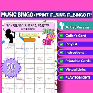 Tarjetas de bingo de 50 canciones de los años 70, 80 y 90 / Formato de artista / Juego de fiesta imprimible para toda la familia / Descarga instantánea / Juego de bingo virtual / Décadas