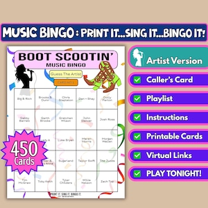 Bingo musicale Boot Scootin' da 450 carte / Formato artista / Bingo country per eventi di beneficenza, matrimoni, team building, festival / Download immediato