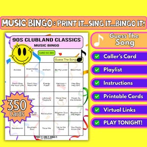 Juego de bingo musical imprimible de 350 cartas con clásicos de los 90 para festivales, fiestas universitarias y noches de bingo con DJ. Formato de canciones: PDF instantáneo.