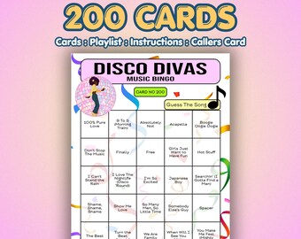Disco Music Bingo Cards – Disco Divas | 200 Cards | Bachelorette Game | Name That Song |
