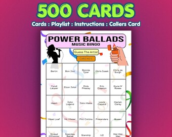 Power Ballads Music Bingo Cards | 500 Cards | Charity Event Game | Music Trivia Game |
