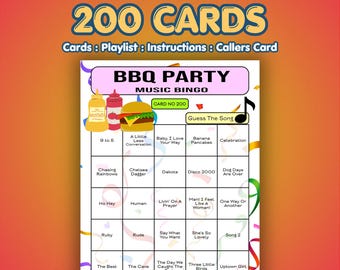 BBQ Party Music Bingo Cards | 200 Cards | Office Party Game | Name That Song |