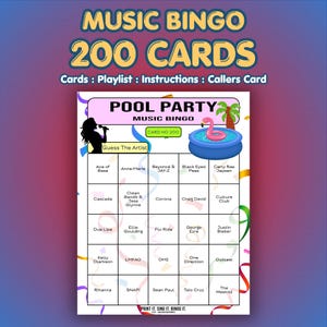 May include: A Music Bingo game card with the text "MUSIC BINGO 200 CARDS". The card features a "POOL PARTY" theme with artist names like Rihanna and Justin Bieber. Includes a pink inflatable flamingo in a pool.