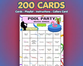 Tarjetas de bingo musical para fiestas en la piscina / 200 tarjetas / Juego para recaudar fondos / Adivina la canción /