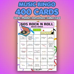 May include: A 60s Rock N Roll Music Bingo game card. The card displays song titles and a turntable graphic. Text includes "MUSIC BINGO 400 CARDS". The background is a gradient of purple and pink.