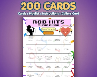 200 kaarten r&b-hits muziekbingo. Raad de kunstenaar. RnB-muziek uit de jaren 90, perfect voor bedrijfsevenementen of inzamelingsacties, download doe-het-zelfpartygame
