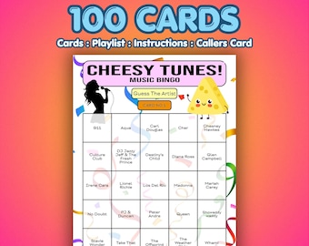 Cheesy Tunes Music Bingo Cards | 100 Cards | Dinner Party Game | Guess the Artist |