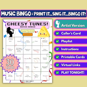 30-Karten-Cheesy Tunes Musik Bingo | Künstler-Format | Party Spiel zum Ausdrucken | Sofortdownload | Junggesellinnenabschied, Zoom-Spiel, Mädelsabend | Pop Hymnen