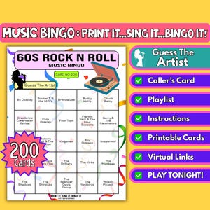 200-Card 60s Rock N Roll Music Bingo | Zoom bingo event, Festival fringe game | Guess the Artist | Instant Download PDF | Spotify Playlist