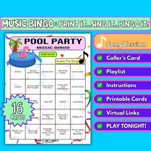 de bingo avec musique pour party de billard, 16 cartes | à imprimer pour les enterrements de vie de jeune fille, les garden-parties et les anniversaires d&#39;été | Téléchargement instantané | Format des morceaux