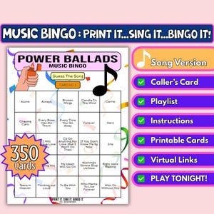 Gioco del Bingo Power Ballads da 350 carte / Versione canzone / Gioco musicale stampabile / Raccolta fondi di beneficenza, festa su Zoom, divertimento in famiglia / Download immediato /