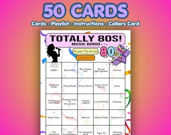 80s Music Bingo Cards – Totally 1980s | 50 Cards | Dinner Party Game | Name That Artist |