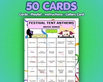 Festival Music Bingo Cards – Tent Anthems | 50 Cards | Outdoor Party Game | Name That Artist