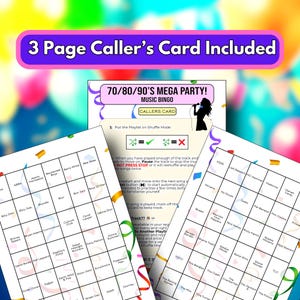 May include: A 3-page music bingo game set for a 70s, 80s, and 90s mega party. The caller's card is included, with instructions and a list of artists. The game features a colorful design with a karaoke theme.