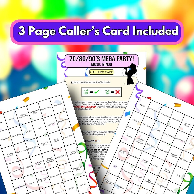 May include: A 3-page music bingo game set for a 70s, 80s, and 90s mega party. The caller's card is included, with instructions and a list of artists. The game features a colorful design with a karaoke theme.