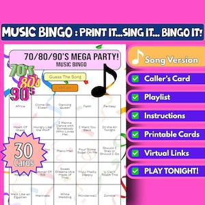 30 cartelas de bingo com música para festa dos anos 70/80/90 | Jogo de festa para imprimir | Jogo de festa para família | Download instantâneo | Jogo de bingo virtual | Décadas