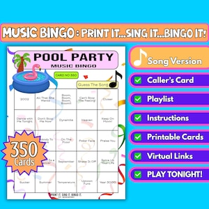 Bingo musicale con 350 carte per feste in piscina / Gioco stampabile per festival, campi musicali, raccolte fondi all'aperto / Download immediato in PDF / Formato canzoni