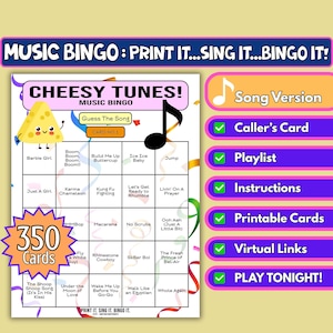 350-Karten-Cheesy Tunes Musik Bingo | Song-Format | Party Spiel zum Ausdrucken | Sofortdownload | Junggesellinnenabschied, Zoom-Spiel, Mädelsabend | Pop Hymnen