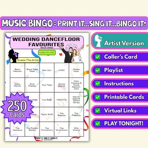 Bingo musical de 250 cartas con los favoritos de la pista de baile para bodas / Juego imprimible para grandes fiestas y bodas no tradicionales / Descarga instantánea / Formato artista