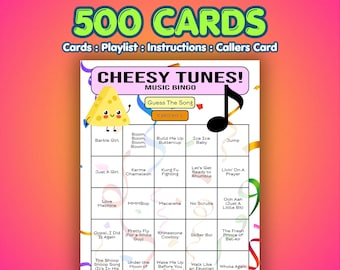 Cartes de bingo à musique Cheesy Tunes | 500 cartes | Bingo-bénéfice | Devinez la chanson |